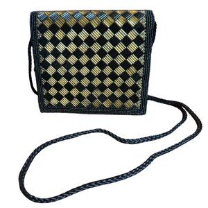 Vintage Lancôme Paris Black Gold Tube Beaded Evening Crossbody Bag 80s 90s GWP